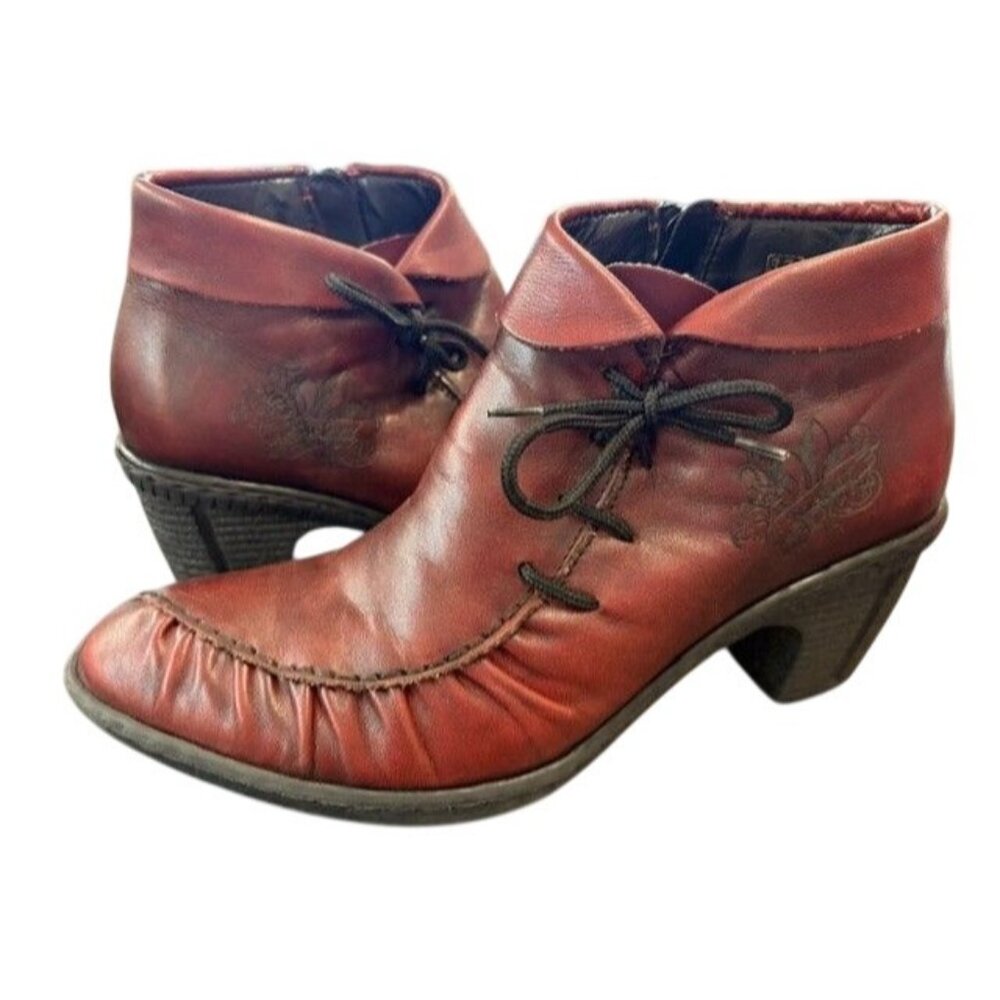 Rieker Womens Burgundy Leather Ankle Boots With Side Zipper‎ & Lace-Up Detail